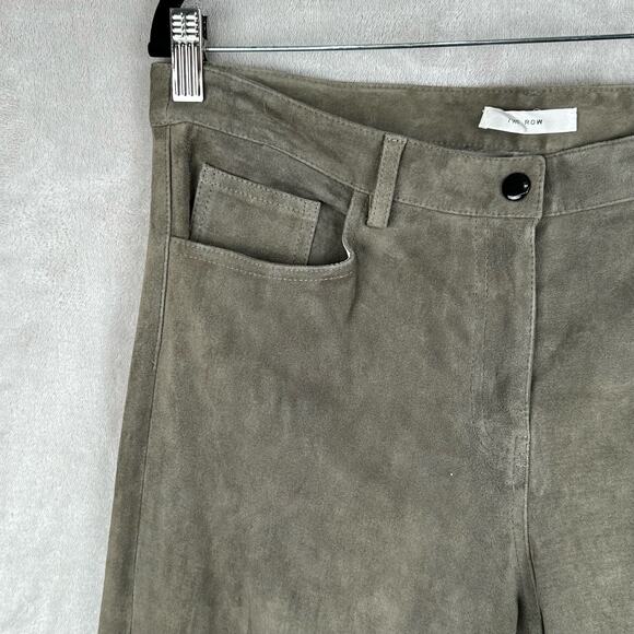 The Row Pants Womens 10 Green 100% Lambskin Suede Straight Pockets High Rise - Picture 3 of 15